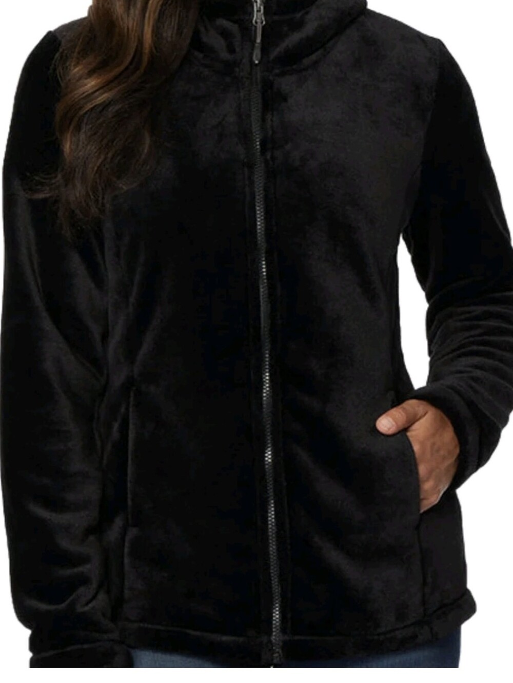 32 Degrees Women's Front Pockets Plush Faux Fur Zip Up Jacket Black L